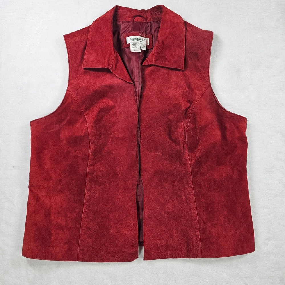 Coldwater Creek Leather Vest Womens Large Red Good Suede Floral Paisley Embossed